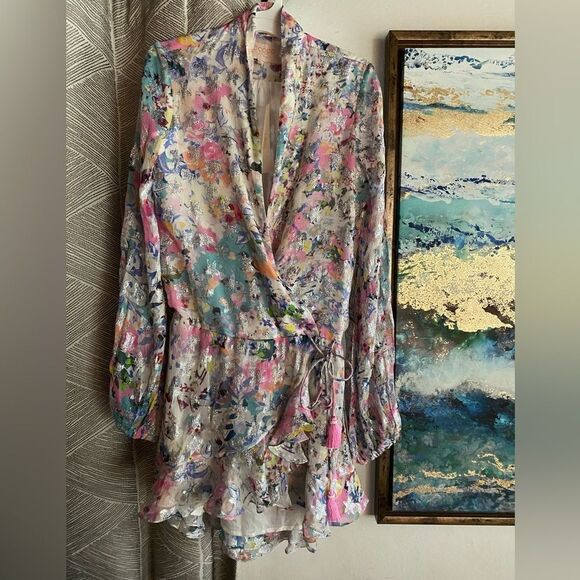 Rococo Sand Floral Leila Metallic Stars Mini Dress Sz XS Wrap Viscose Lined NWT - Picture 7 of 17